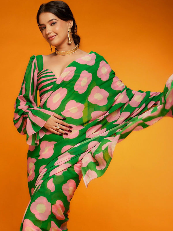 NOZ2TOZ Women's Satin Green Printed Designer Saree With Blouse Piece - Distacart