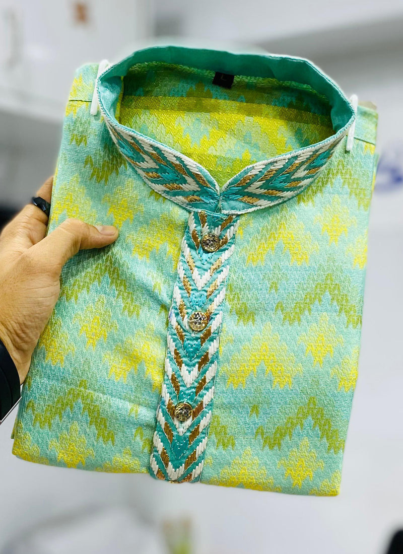 Prazu Fashion Light Green Soft Silk With Heavy Neck Design Kurta