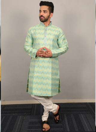 Prazu Fashion Light Green Soft Silk With Heavy Neck Design Kurta