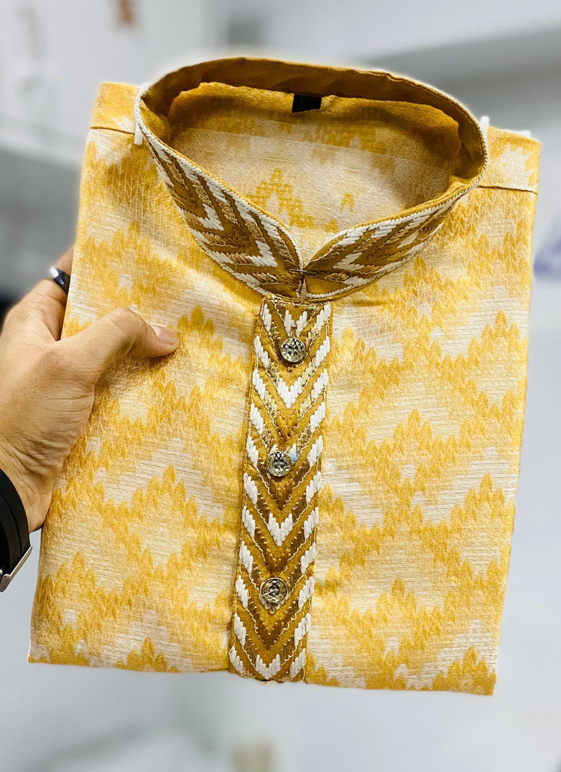 Prazu Fashion Light Yellow Soft Silk With Heavy Neck Design Kurta