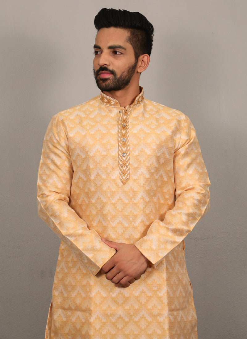 Prazu Fashion Light Yellow Soft Silk With Heavy Neck Design Kurta
