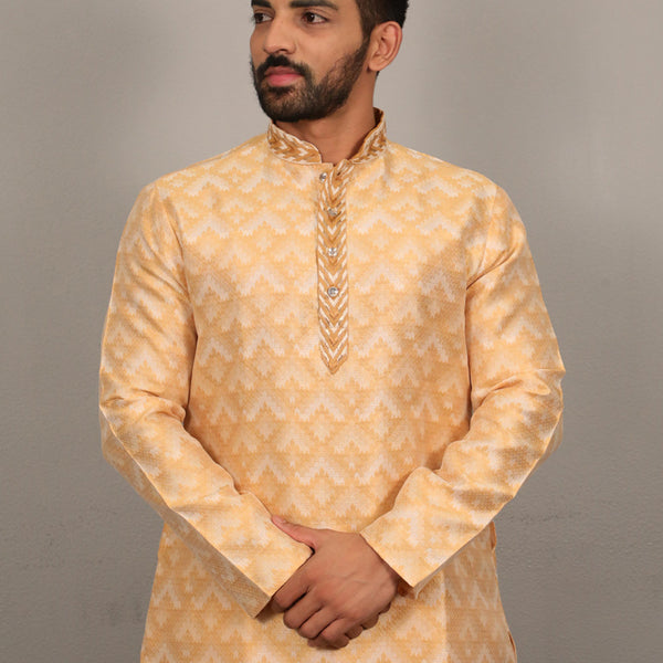 Prazu Fashion Light Yellow Soft Silk With Heavy Neck Design Kurta