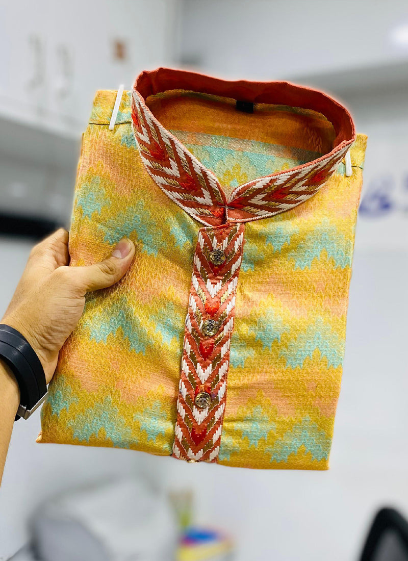 Prazu Fashion Yellow Soft Silk With Heavy Neck Design Kurta