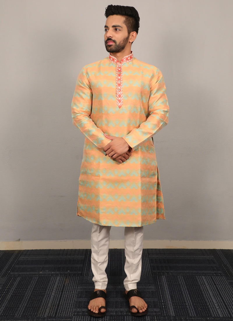 Prazu Fashion Yellow Soft Silk With Heavy Neck Design Kurta