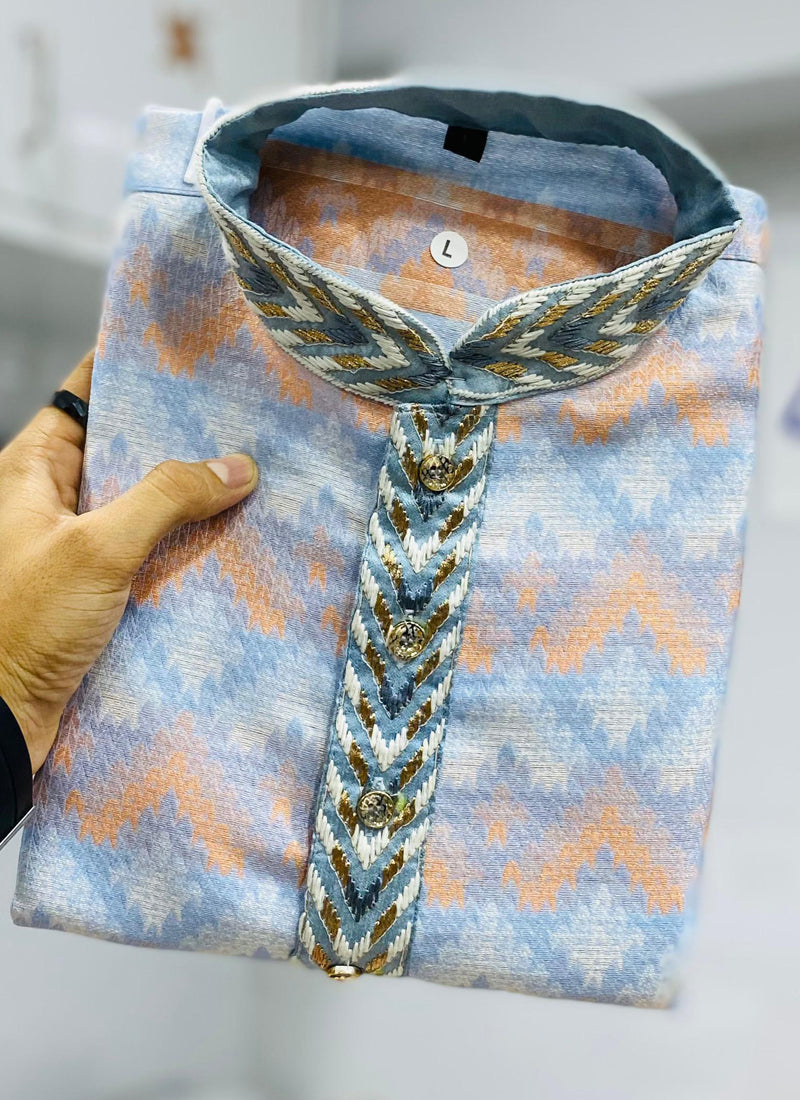 Prazu Fashion Sky Blue Soft Silk With Heavy Neck Design Kurta