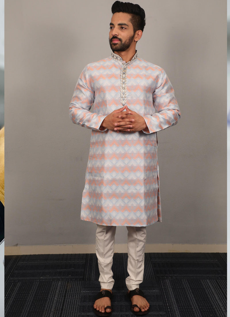 Prazu Fashion Sky Blue Soft Silk With Heavy Neck Design Kurta