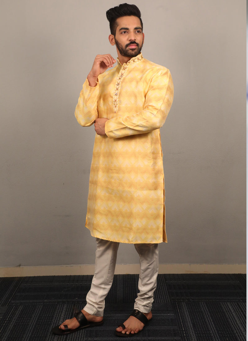 Prazu Fashion Yellow Soft Silk With Heavy Neck Design Kurta