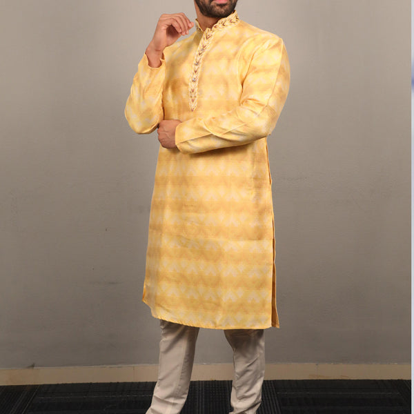 Prazu Fashion Yellow Soft Silk With Heavy Neck Design Kurta