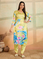 Thumbnail for Prazu Fashion Light Yellow Printed Cotton Reyon Kurta Pant Set - Distacart