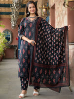 Thumbnail for Kalini Ethnic Motifs Printed Thread Work Straight Kurta With Trousers & Dupatta - Distacart