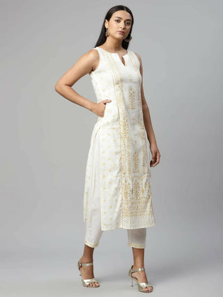 Ahalyaa Womens Off White Pure Cotton Printed Kurta Pant Set - Distacart