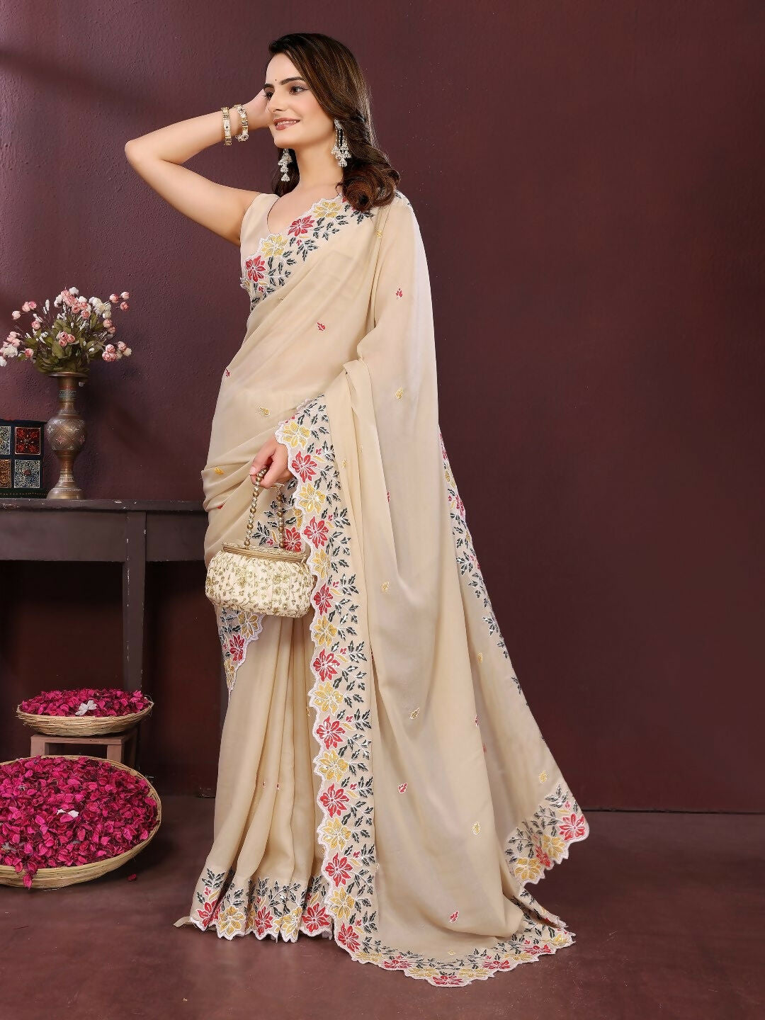 Ai Fashion Peach Soft Star Georgette Embroidery Party Wear Saree