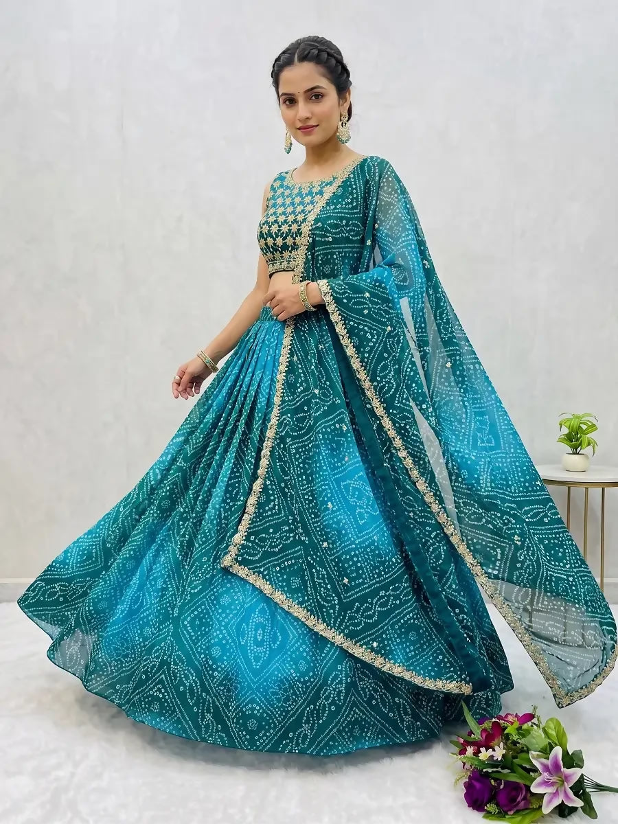 Teeya Creation Women's Teal Bandhani Print Georgette Chaniya Choli Set for Wedding & Garba