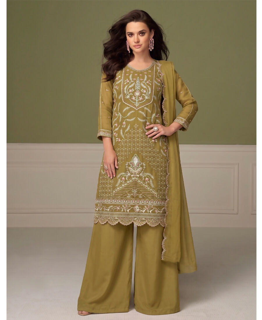 KC Beautiful Mustard Chiffon Silk Hand Embroidery Suit For Women - Dista