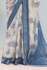 Thumbnail for Malishka Linen Digital Print Blue Saree With Unstitched Blouse Piece