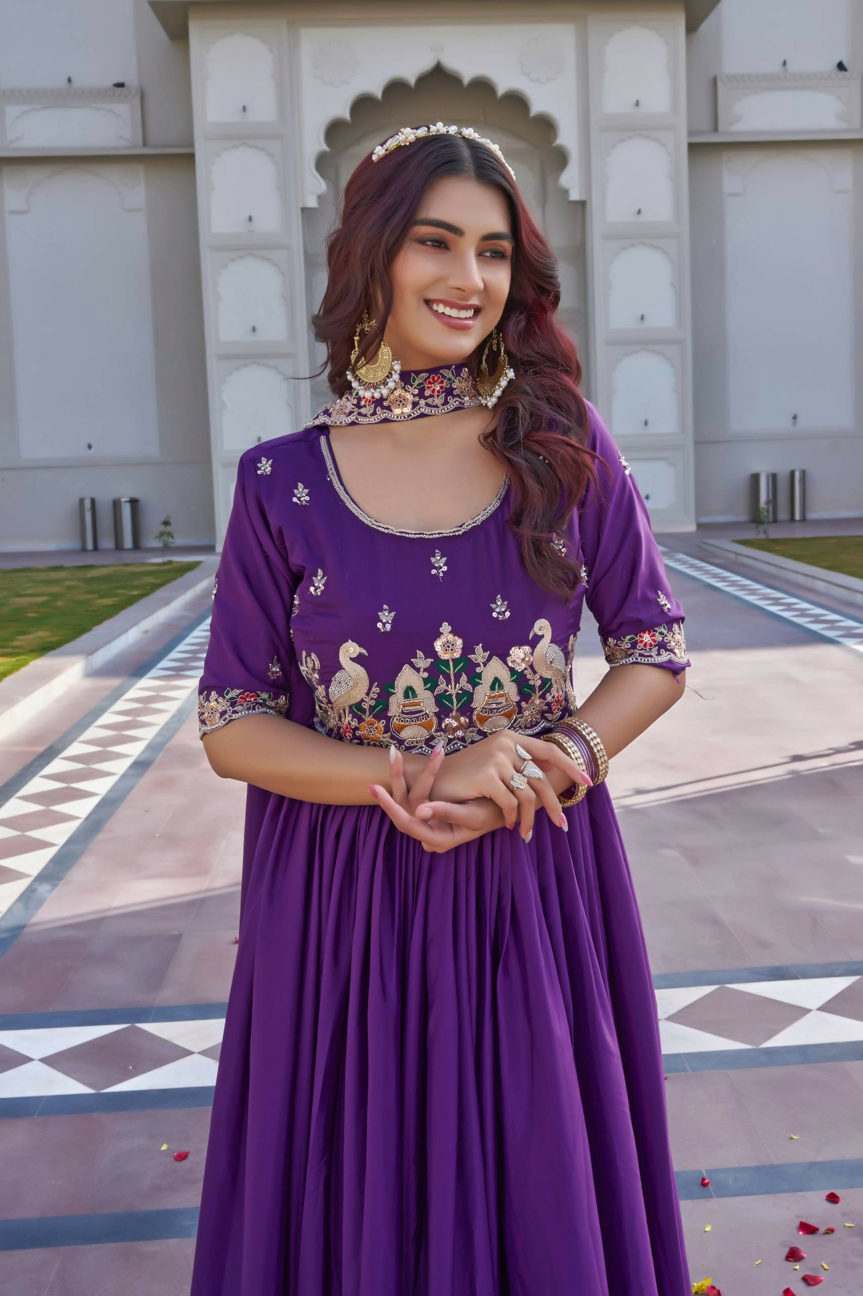 Teeya Creation Womens New Trendy Heavy Cording Sequence & Beads Embroidery Work Purple Gown Set - Dista