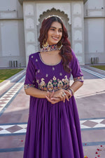 Thumbnail for Teeya Creation Womens New Trendy Heavy Cording Sequence & Beads Embroidery Work Purple Gown Set - Dista