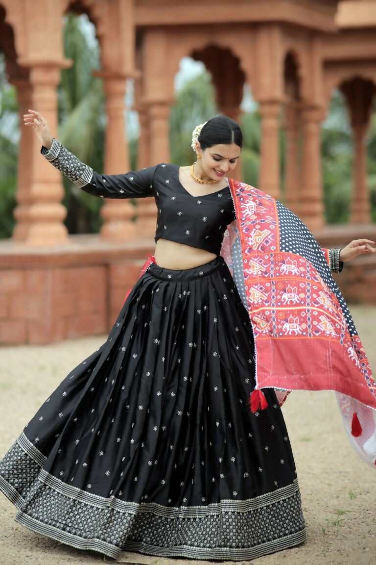Vastranavya Navaratri Collection Myra Silk Lehenga & Blouse With Maslin Crochet Printed Dupatta Set - Black - Distacart