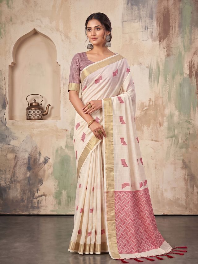 Shree Shyam Fashion Cream Woven Work Linen Fabric Daily Wear Saree With Blouse - Dista