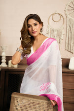 Thumbnail for Vastranavya White Digital Printed Linen Ready To Wear Designer Saree with Unstitched Blouse - Distacart
