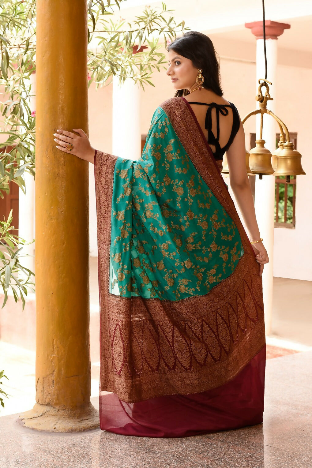 Joban Fashion Teal Green Crepe Chiffon Pure Handloom Banarasi Silk Saree