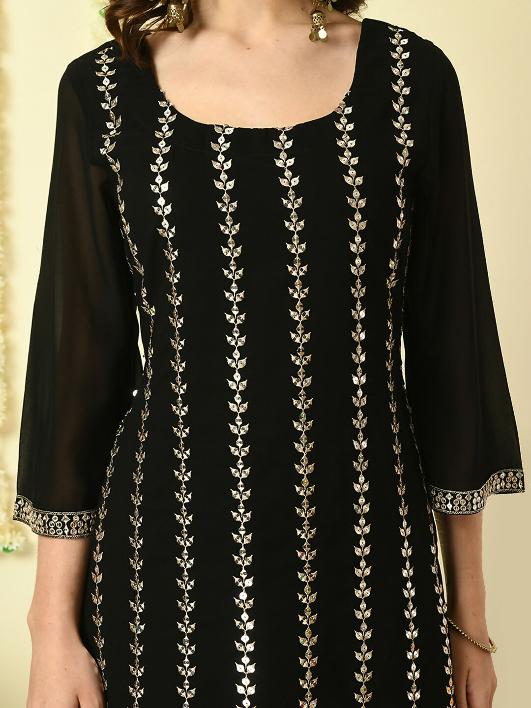 Myshka Women's Black Georgette Kurta & Skirt With Dupatta Party Sets - Distacart