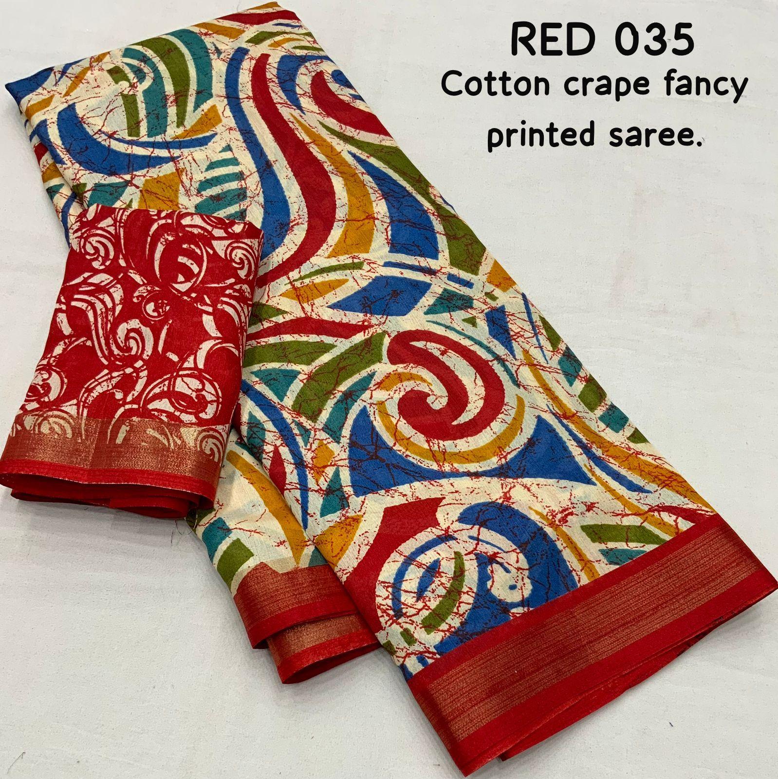 Red Cotton Crepe Batik Print Saree with Unstitched Blouse - Hiral Fashion - Distacart