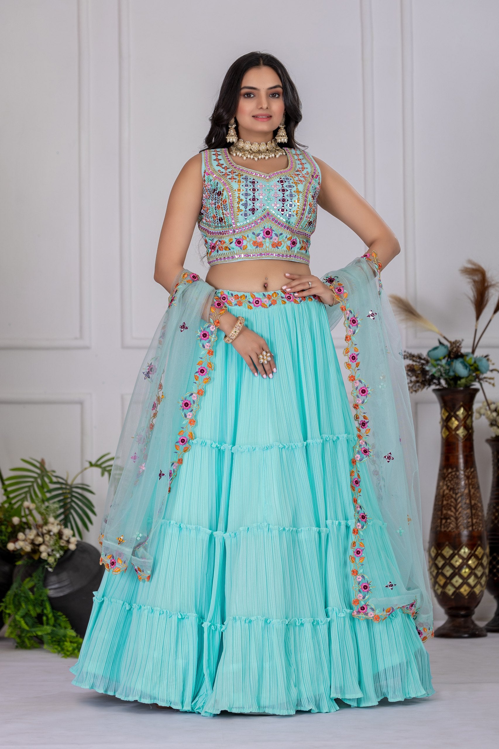 Lehenga Mart Skyblue Georgette Desigenr Wedding Lehnega Choli
