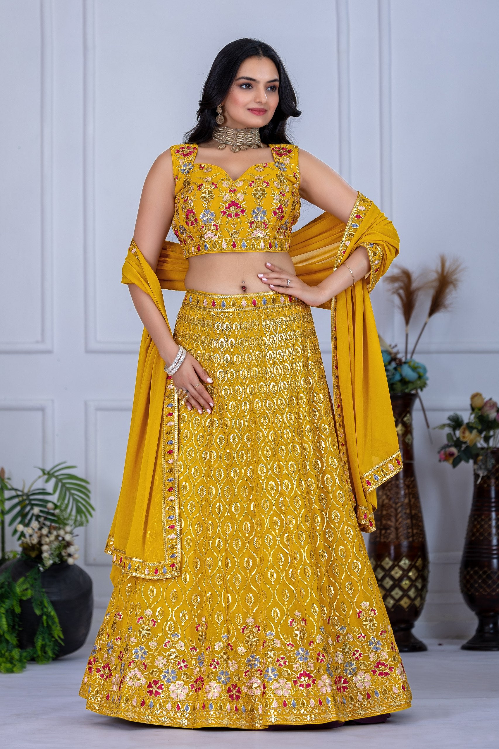 Lehenga Mart Yellow Georgette Desigenr Wedding Lehnega Choli