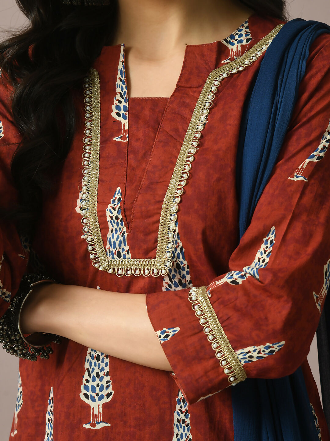 Myshka Women's Rust Printed Cotton Straight Party Kurta Set With Dupatta - Distacart