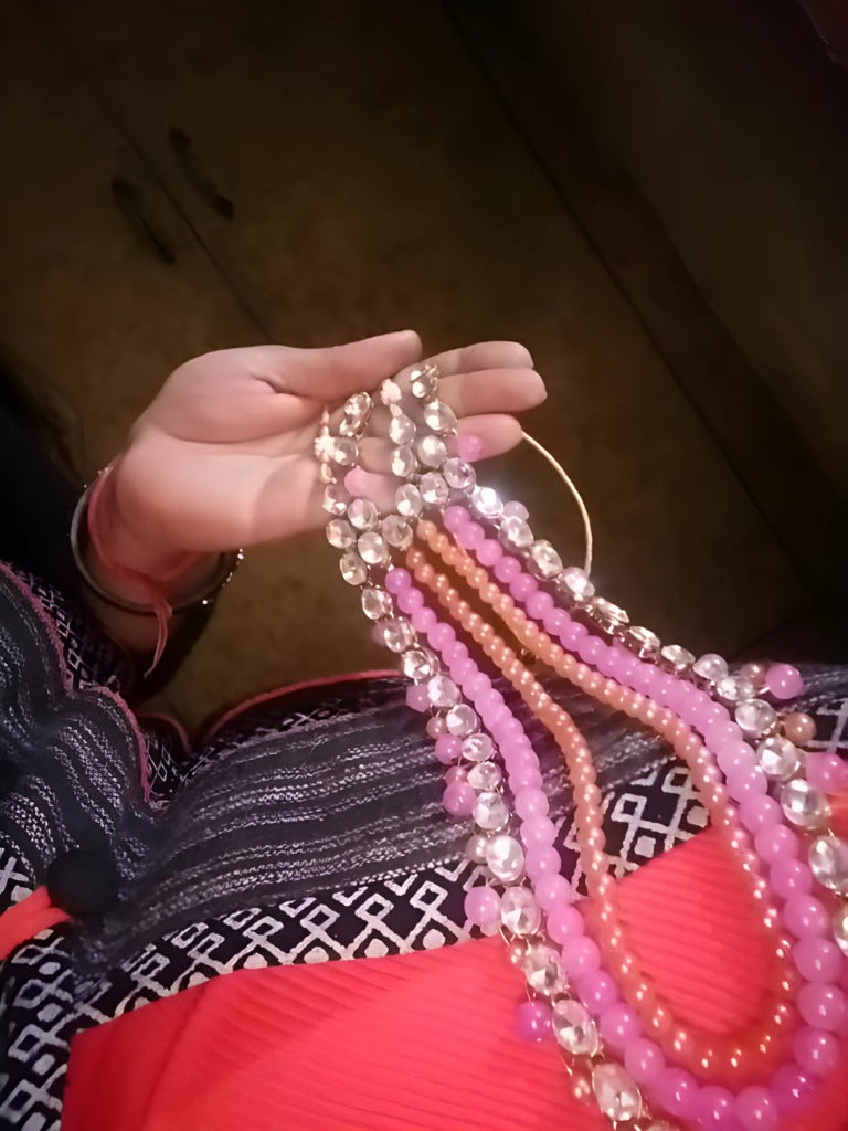 Jewel City Multi Layered Beaded Necklace Set Pink Beads Gold Plated Traditional Indian Kundan Crystal Necklace Wedding Party Wear Jewelry Set