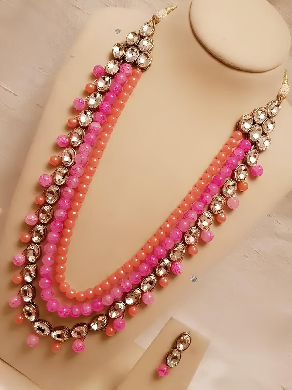 Jewel City Multi Layered Beaded Necklace Set Pink Beads Gold Plated Traditional Indian Kundan Crystal Necklace Wedding Party Wear Jewelry Set