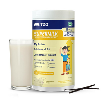 Gritzo SuperMilk Growth+ (Formerly Height+) Unsweetened Drink Mix (13+y Boys), 13g Protein Powder (Creamy Vanilla) - Distacart