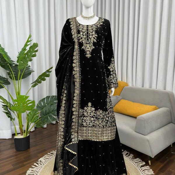 Vastranavya Black Viscose Velvet Cording Sequence With Moti Work Top-Bottom With Dupatta