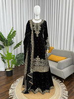 Thumbnail for Vastranavya Black Viscose Velvet Cording Sequence With Moti Work Top-Bottom With Dupatta