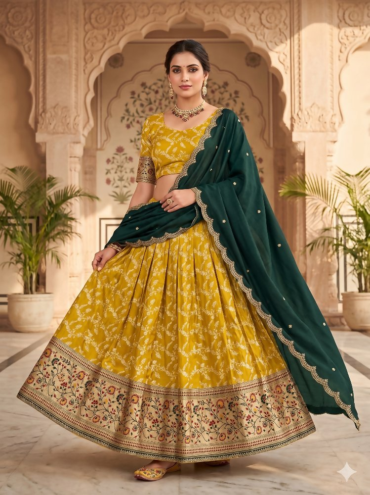 Teeya Creation Traditional Mustard Lehenga Choli Set with Festive Dark Green Embroidered Dupatta - Dista