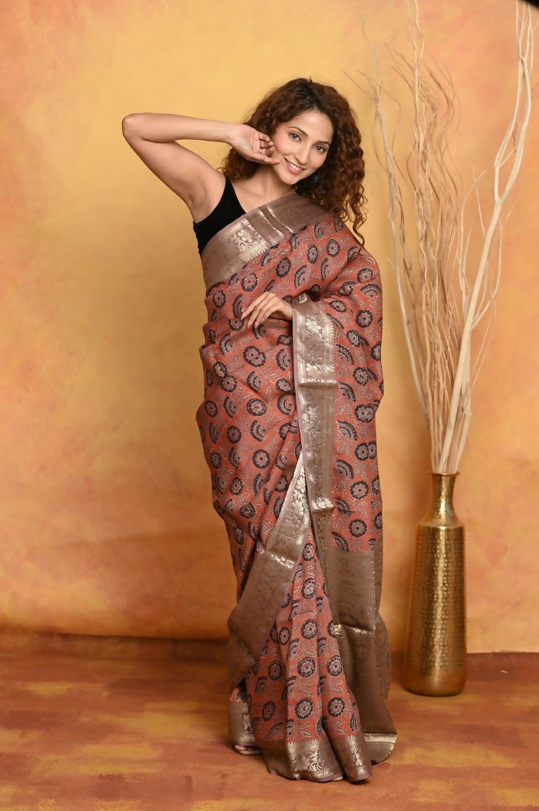 Very Much Indian Modal Silk Ajrakh Handblock Printed Natural Dyes With Designer Border Saree - Red - Distacart