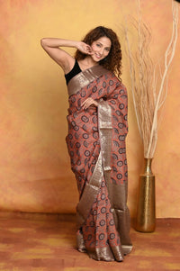 Thumbnail for Very Much Indian Modal Silk Ajrakh Handblock Printed Natural Dyes With Designer Border Saree - Red - Distacart