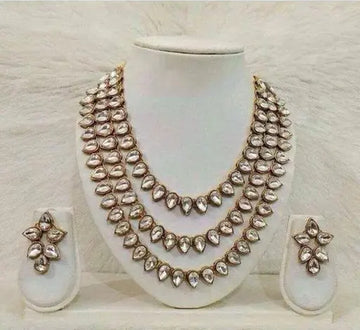 Jewel City Elegant Three-Layer Kundan Crystal Necklace Set | Royal Bridal Wedding Jewelry - Distacart