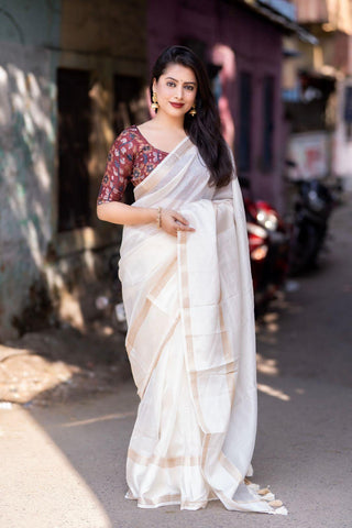 White Silk Blend Kalamkari Saree with Unstitched Blouse - Hiral Fashion - Distacart