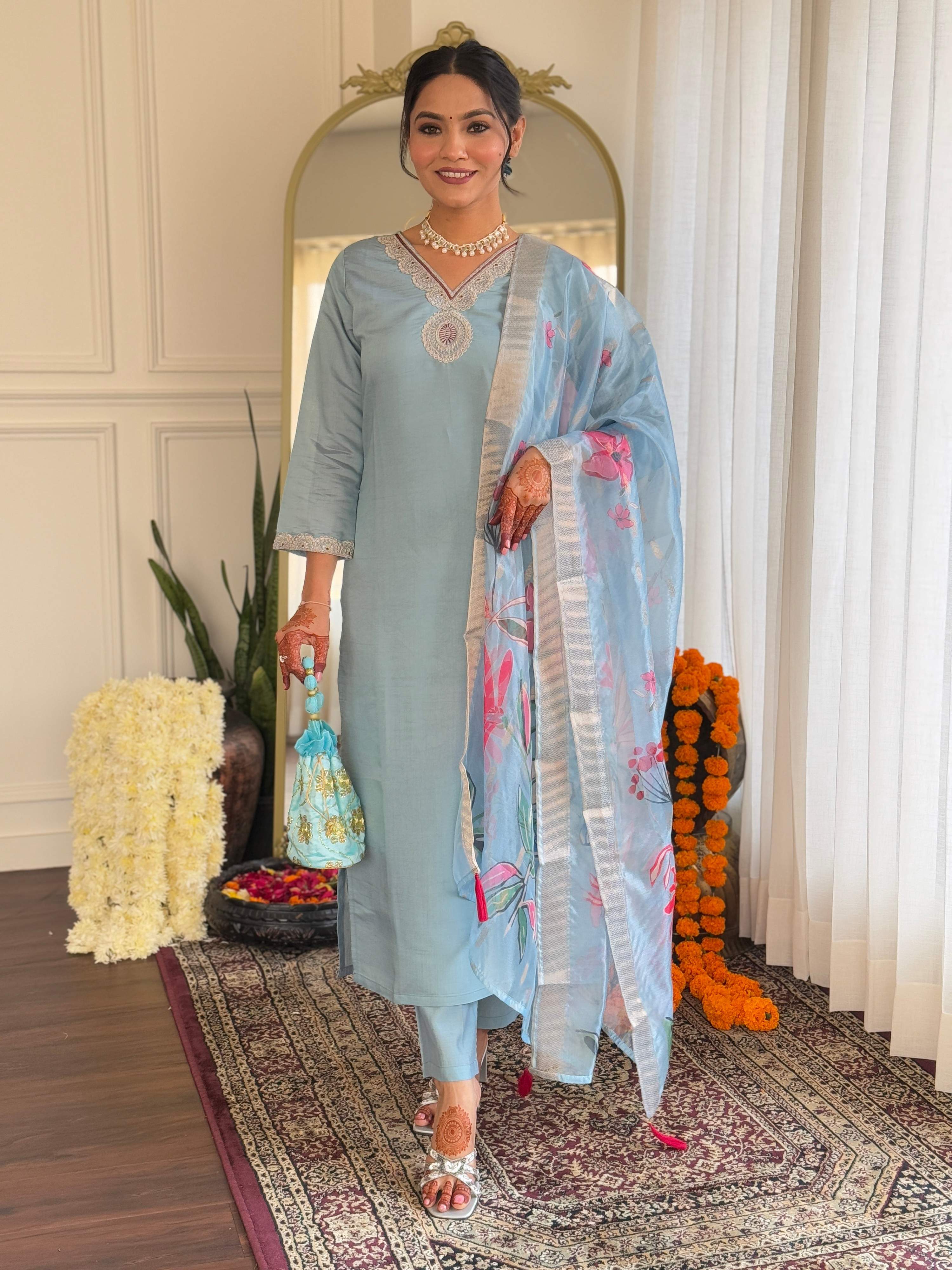Teeya Creation Light Sky Color Roman Silk Embroidery Work Fully Stitched Kurti Set - Distacart