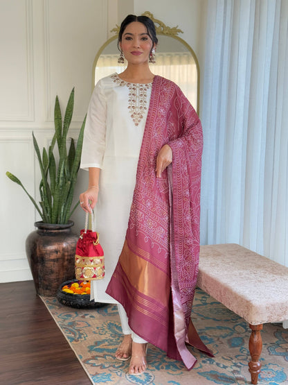 Teeya Creation White Color Roman Silk Embroidery Work Fully Stitched Kurti Set - Distacart