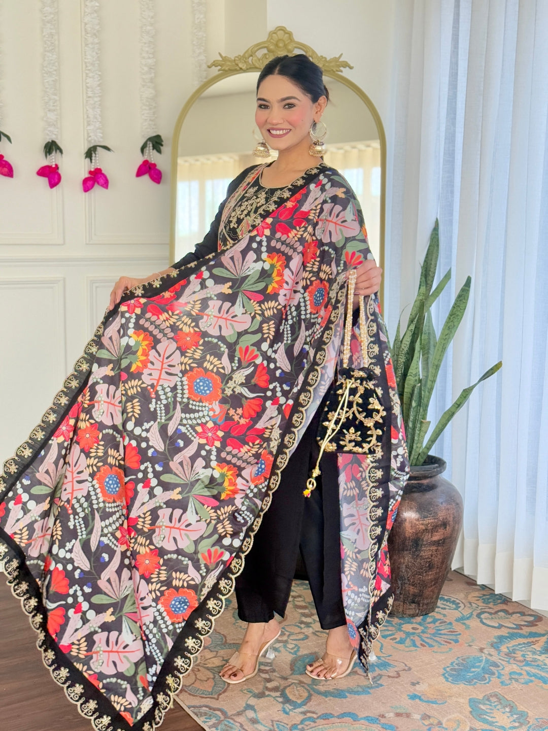 Teeya Creation Black Color Viscose Chanderi Embroidery Work Fully Stitched Kurti Set - Distacart