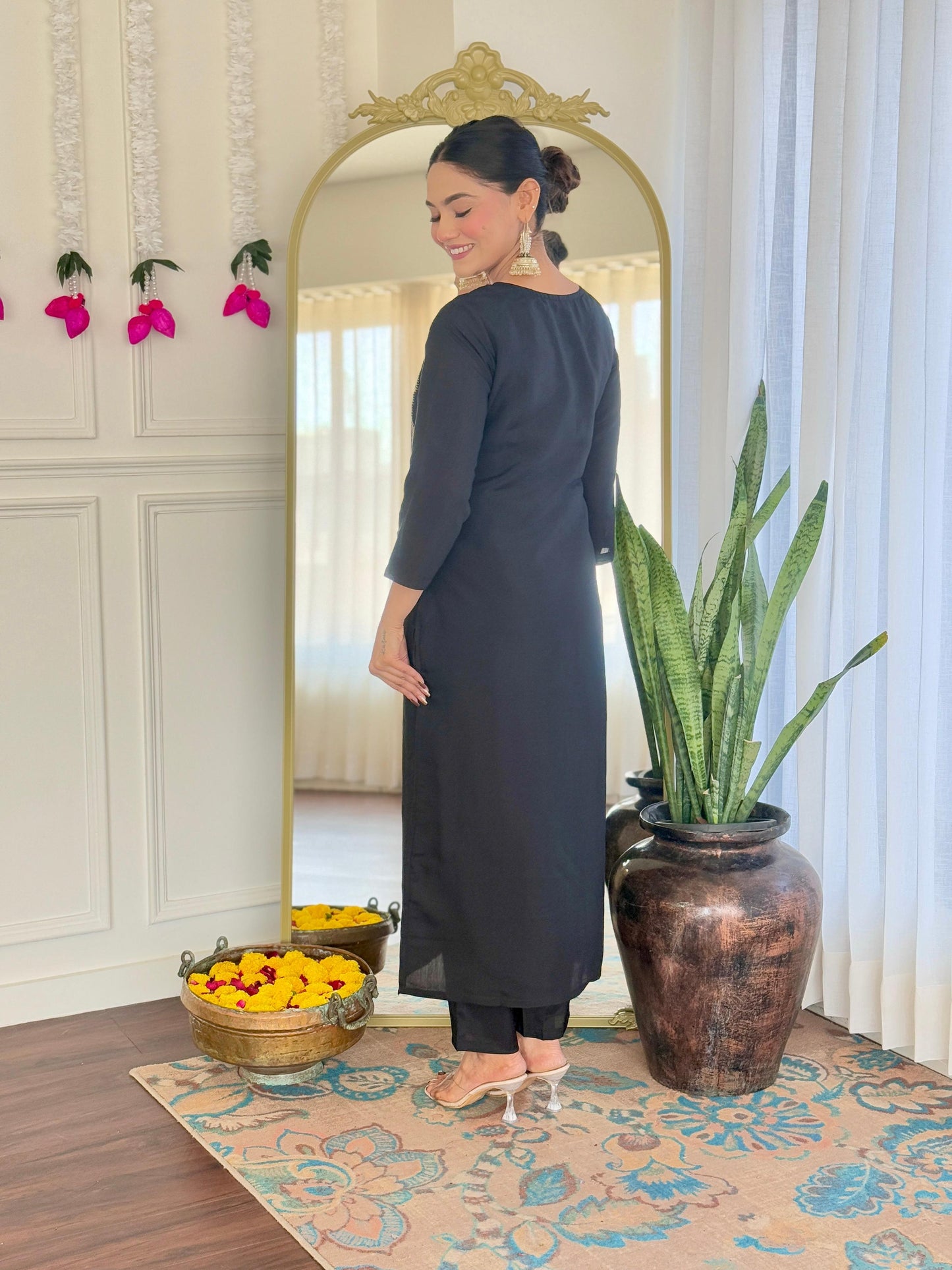 Teeya Creation Black Color Viscose Chanderi Embroidery Work Fully Stitched Kurti Set - Distacart