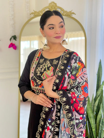 Teeya Creation Black Color Viscose Chanderi Embroidery Work Fully Stitched Kurti Set - Distacart