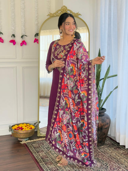 Teeya Creation Wine Color Viscose Chanderi Embroidery Work Fully Stitched Kurti Set - Distacart