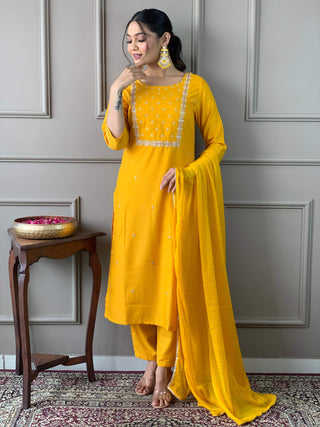 Teeya Creation Yellow Color Rayon Slub Embroidery Work Fully Stitched Kurti Set - Distacart