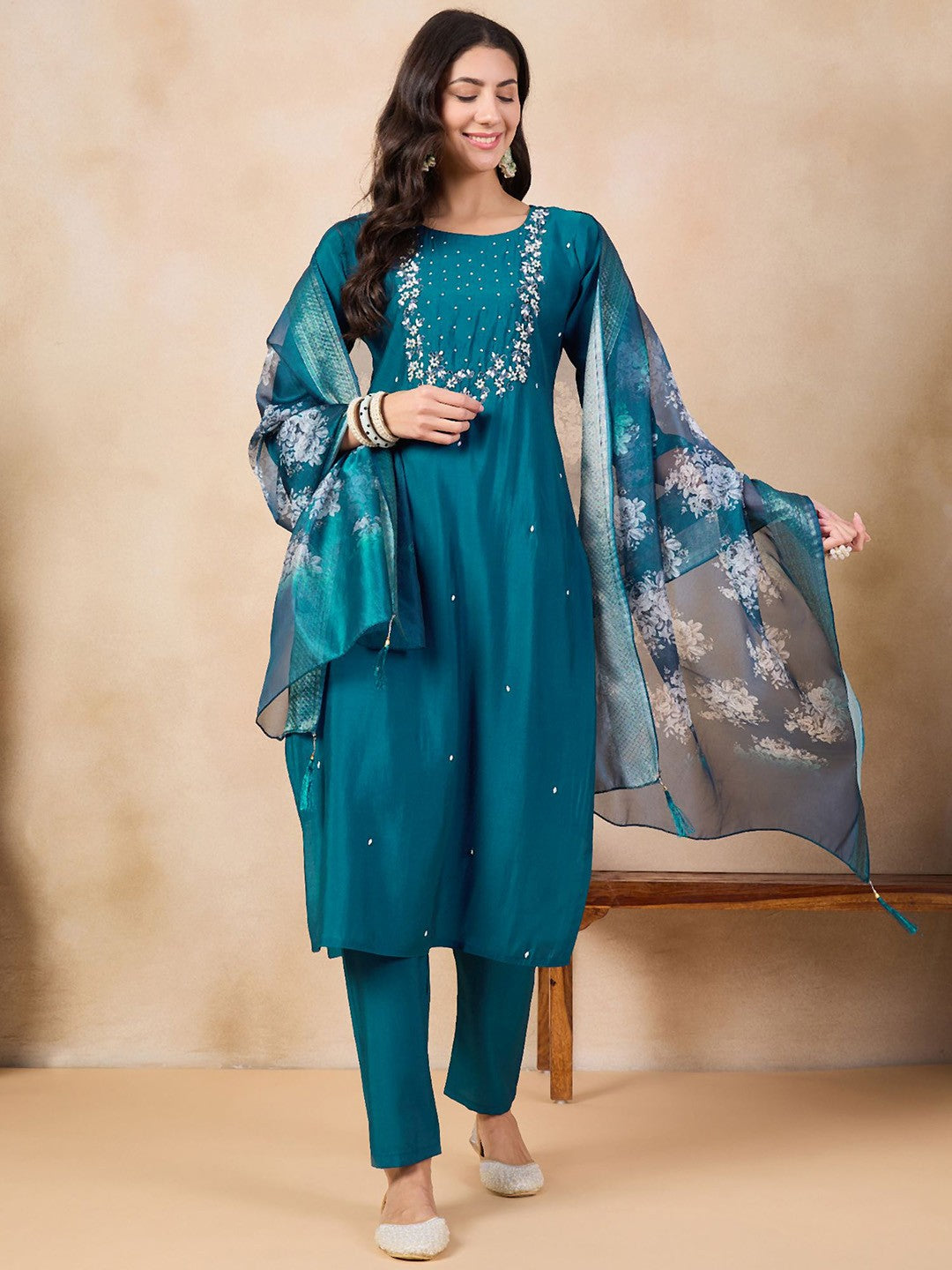 Teeya Creation More Peach Color Viscose Chanderi Embroidery Work Fully Stitched Kurti Set - Distacart