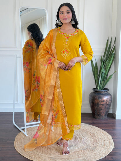 Teeya Creation Yellow Color Viscose Chanderi Embroidery Work Fully Stitched Kurti Set - Distacart