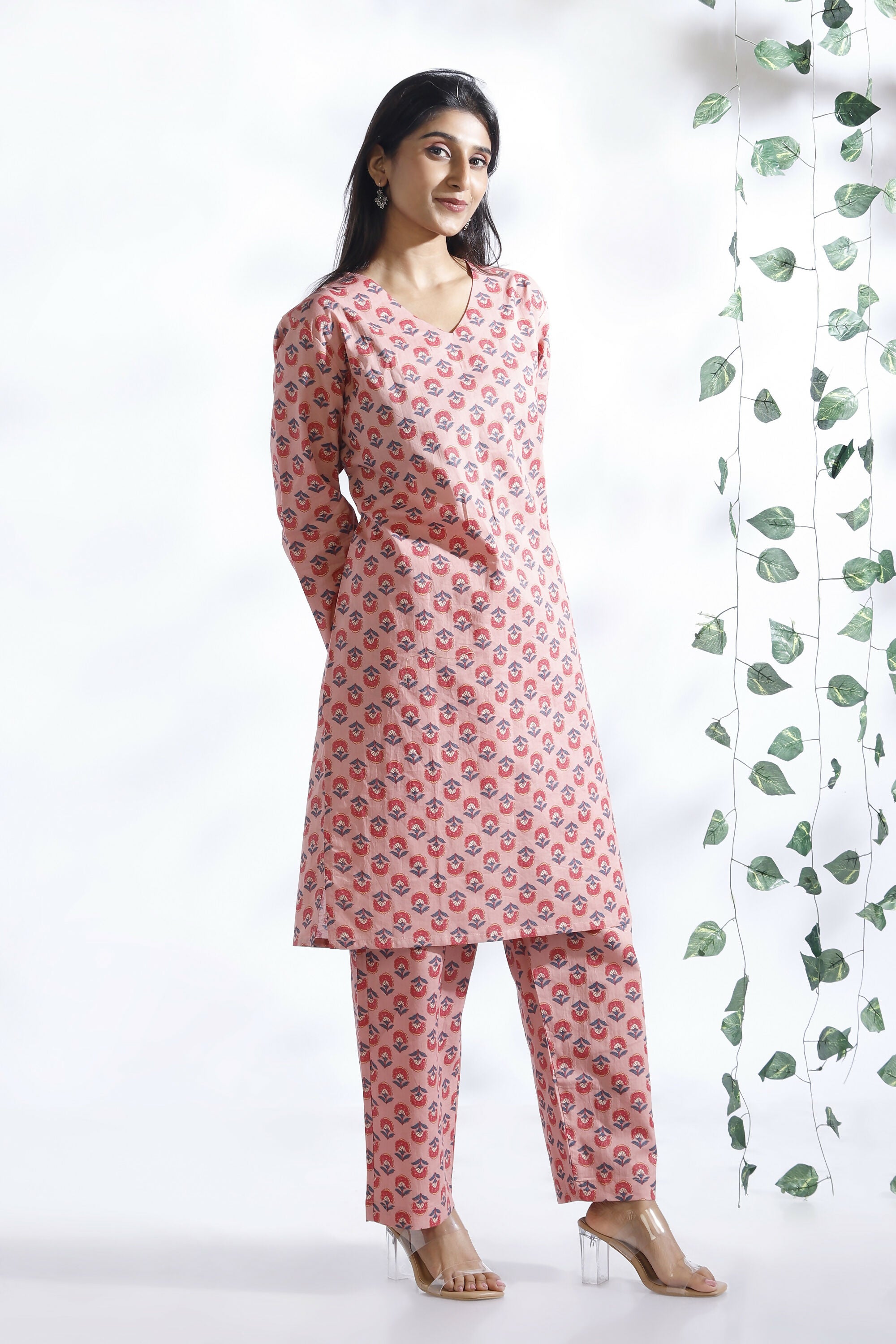 Breathables Women’S Loungewear Long Kurta Co-Ord Set Cotton Pink Indian Motif Butta Print - Dista